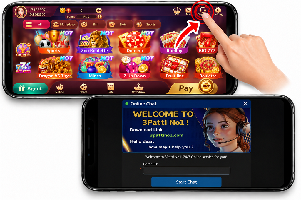 How to open 3 Patti No1 support and start online chat